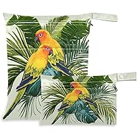 visesunny Parrot Tropical Leaf 2Pcs Wet Bag with Zippered Pockets Washable Reusable Roomy for Travel,Beach,Pool,Daycare,Stroller,Diapers,Dirty Gym Clothes, Wet Swimsuits, Toiletries