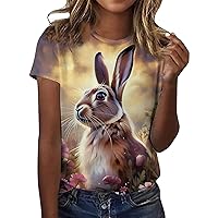 T Shirts for Women Long Sleeved Women Casual Top Easter Bunny Printing Loose Round Neck Short Sleeve T Shirt W