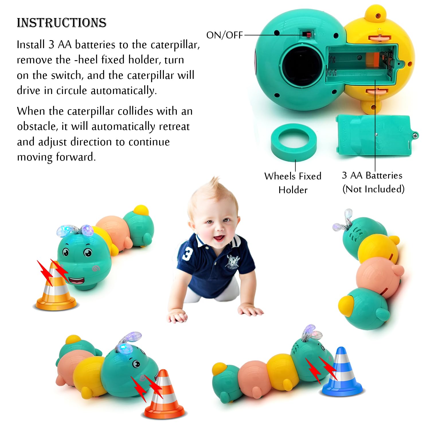 Tipmant Baby Toddler Electric Caterpillar Toy Cute Electronic Animal Vehicle Car Crawl, Music, Flash Light Kids Birthday
