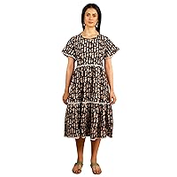 Women's Bagru Cotton Brown Midi Dress