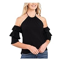 CeCe Off-The-Shoulder Ruffled Knit Top Rich Black XS