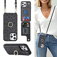 for iPhone 12/12 Pro Case with Card Holder and Strap for Women,Crossbody Lanyard,Kickstand Ring Stand,Snap Clasp,Cute Phone Wallet Cases 6.1 inch(Black Leopard)