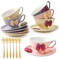 Cups and Saucers Set of 6, Coffee Mugs, Tea Cups Set with Bowknot, Tea Set, 18-piece, Cup with 8.4oz, Golden Spoon, For Tea Party, Mother's Day Gift, Gifts for Home Office