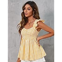 Womens Summer Tops Gingham Print Ruffle Trim Ruched Peplum Blouse (Color : Multicolor, Size : X-Small)