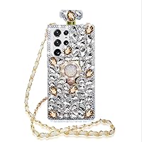 Losin Compatible with Galaxy S24 Ultra Bling Case Luxury 3D Perfume Bottle Phone Case with Lanyard Strap Glitter Sparkle Rhinestones Diamond Case with Ring Kickstand for Women Girls, Yellow