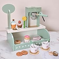 Play Store Toys for Kids Coffee Maker Playset, Toddler Pretend Play Kitchen Food Miniature Coffee Shop Accessories with Cakes and Cookies, Wooden Montessori Toy Gift for Girls and Boys