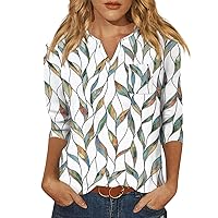 Spring Clothes for Women 2024 Womens 3/4 Sleeve Tops Casual V Neck Cute Shirts Casual Print Trendy Tops Three Quarter Length T Shirt Spring Shirts for Women My Orders 27-White Large