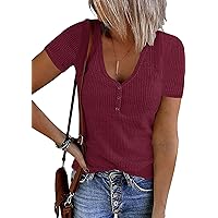 MEROKEETY Women's Short Sleeve V Neck Ribbed Knit Button T Shirts Henley Solid Color Summer Tops