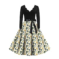 Women's Cute Clover Print Vintage Classic Dress Long Sleeve St. Patrick's Day V-Neck Swing Dress, S-2XL
