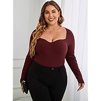 Casual Ladies Comfortable Plus Size Sweater Plus Sweetheart Neck Ribbed Knit Sweater Leisure Perfect Comfortable Eye-catching (Color : Maroon, Size : X-Large)