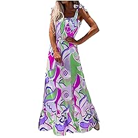 2021 Women Maxi Dress Casual Multicolor Printing Sleeveess Ruffle Beach Sling Dress
