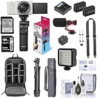 Sony ZV-E10 Mirrorless Camera with 16-50mm Lens, White Bundle with ACCVC1 Vlogger Kit, Memory Card, Backpack, 2 Battery, Charger, Tripod, Strap, Microphone, Filter Kit, Cleaning Kit
