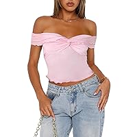 Womens Off Shoulder Crop Tops Summer Twist Front Lettuce Trim Slim Fit Sexy Blouses Y2K Shirts