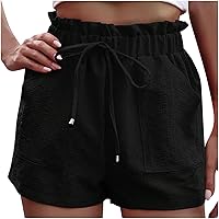 Elastic Ruffle High Waisted Drawstring Beach Shorts for Women Loose Fit Casual Shorts with Pockets Summer Fashion 2024