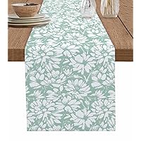 Spring Pastoral Floral Table Runner 60 Inches Long for Dining Table, Washable Cotton Linen Farmhouse Table Runners Dresser Scarf for Kitchen Party Holiday Teal Chrysanthemums Plants