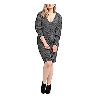 Womens Black Long Sleeve V Neck Knee Length Wear to Work Sweater Dress Plus X
