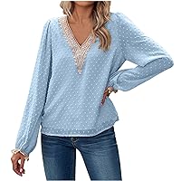 Lace Long Sleeve Shirts for Women Solid Color Fashion Tee Top V Neck Patchwork Leisure Clothes Tunics Party Home