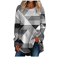 Long Sleeve Shirts for Women Vintage Crewneck Tops Casual Fashion Geometric Printed Loose Fit T Shirts