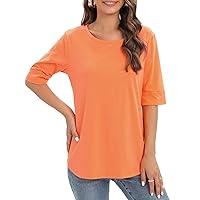 Summer Tops for Women Fashion Loose Fitting Mid Sleeve Crewneck Cotton T Shirts