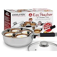 ExcelSteel Non Stick Easy Use Rust Resistant Home Kitchen Breakfast Brunch Induction Cooktop Egg Poacher, 4 Cup, Gold Tone