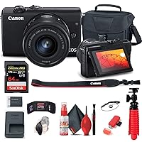Canon EOS M200 Mirrorless Digital Camera with 15-45mm Lens (Black) (3699C009) + 64GB Memory Card + Case + Card Reader + Flex Tripod + Hand Strap + Cap Keeper + Memory Wallet + Cleaning Kit (Renewed)