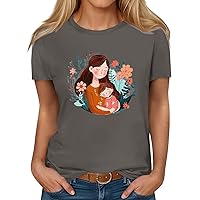 Women's Tops Summer Casual Loose Mother's Day Printed T-Shirt Round Neck Pullover Short Sleeve Top, S-2XL