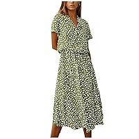 Women's 2024 Floral Boho Dress Wrap V Neck Short Sleeve Ruffle Hem A-Line Flowy Maxi Dresses