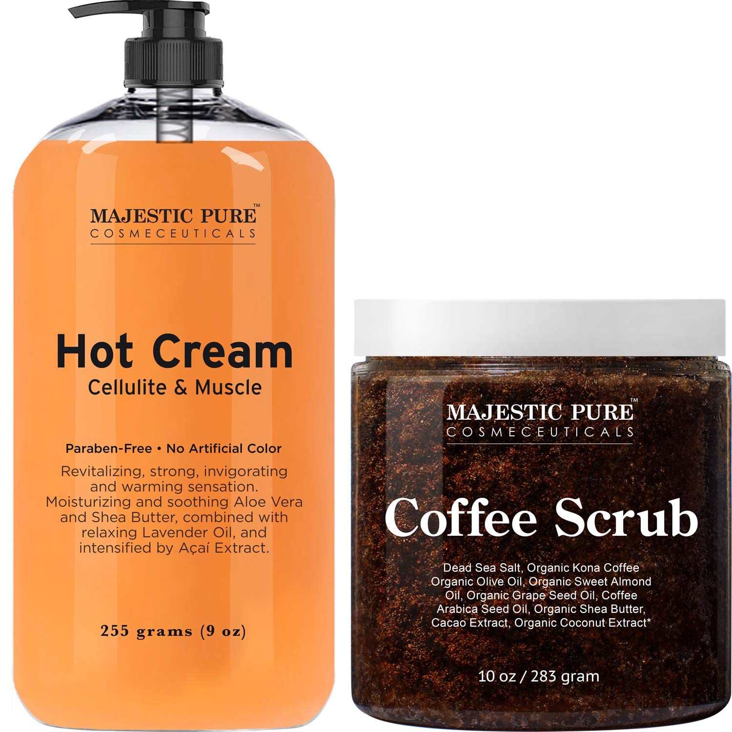 Majestic Pure Cellulite Hot Cream (9 oz) and Coffee Scrub (10 oz) Bundle