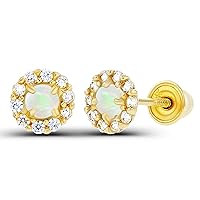Solid 14K Gold 4mm Natural Birthstone Screwback Stud Earrings For Women | 2.50mm Birthstone | 1mm Created White Sapphire Flower Screwback Earrings For Women and Girls