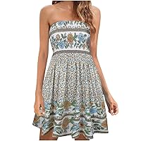 Womens Summer Strapless Floral Print Bohemian Vintage Tube Wrapped Chest Casual Mini Dress 2024 Beachwear Cover up