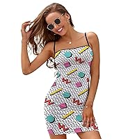Retro 80s Memphis Sundresses for Women Casual Summer Dresses Sexy Slip Dress Backless Mini Dress