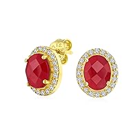 Traditional 2.3CT Pave CZ Halo Created Red Ruby Blue Sapphire White Moonstone Olive Green Labradorite Smoky Quartz Round Oval Gemstone Stud Earrings Women 14K Gold Plated .925 Sterling Silver