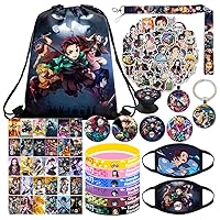 Demon Anime Slayer Merch Gift Set, Including Drawstring Backpack, Face-masks, Stickers, Bracelets, Lanyard, Phone Ring Holder, Keychain, Necklace, Button Pins, Lomo Cards