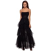 Betsy & Adam Women's Long Corset Tiered Mesh Illusion Gown