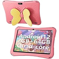 Tablet for Kids, 10 Inch Android 12 Kids Tablet with Kids Case, 2GB RAM 64GB ROM, 5000mAh, 1280 * 800 Display, Dual Camera, WiFi, Educational Games, Yellow Butterfly Handle