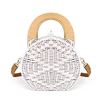 Hand-Woven Round Rattan Wooden Handle Tote Bag Summer Beach Straw Crossbody Bag Shoulder Bag with Adjustable Leather Shoulder Strap