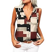 Women's Sleeveless Button Down Shirts Blouses with Pocket Printed Casual Loose V Neck Tank Tops for Work