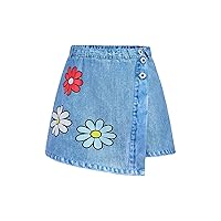 MakeMeChic Girl's Floral Print Denim Skorts Elastic High Waisted Wrap Jean Skirt Shorts