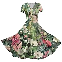 Wrap Hems Summer Short Sleeve Tunic Dress Ladies Party Trendy Frilly V Neck Womens Comfort Cotton Comfy Floral Green XXL