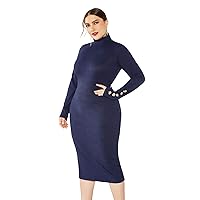 Women's Solid Color Plus Size Sweater Dress Button Long Sleeve Stretch Slim High Neck Knit Dress