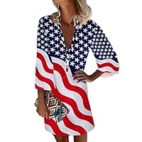 American Flag Dresses for Women 4th of July Casual V Neck Casual 3/4 Sleeve Button Dress