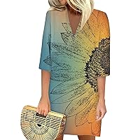 Womens 3/4 Sleeve T-Shirt Dress Casual V-Neck Sunflower Floral Printed Tunic Swing Dresses