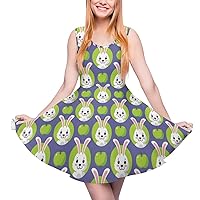 Cute Bunny Rabbits Women's Summer Dress Sleeveless Swing Sundress Casual Beach Tank Short Dresses