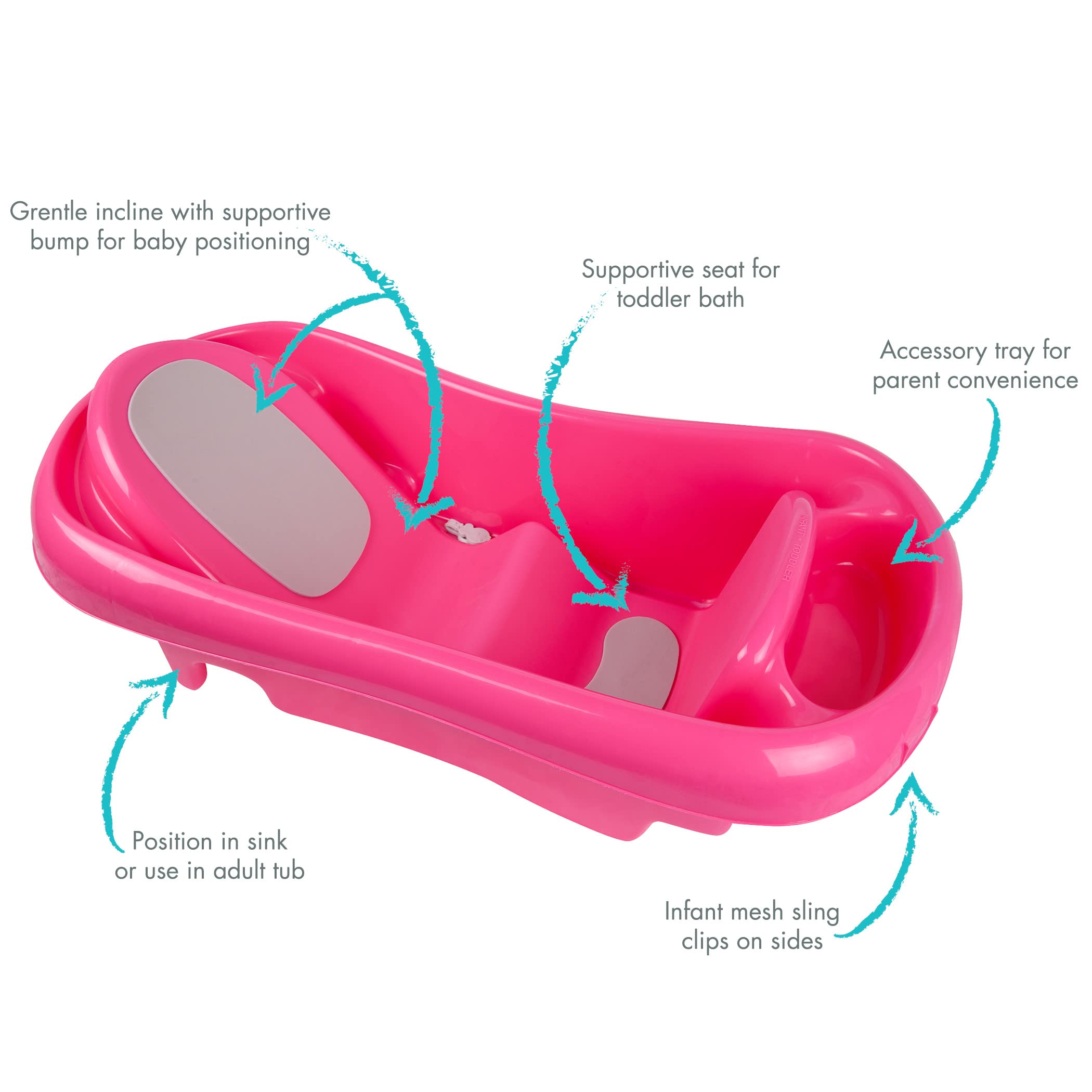 The First Years Adjustable 3-in-1 Baby Bath Tub - Convertible Baby Bath Seat for Infants to Toddlers - Includes Detachable Infant Bath Sling - Pink - Ages 0 to 9 Months