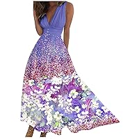 Lenago Maxi Dresses for Women 2024, Spring Summer V Neck Eleagant Sleeveless Dress, Flroal Cute Print Beach Casual Sundresses