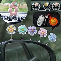 Pink Car Decorations Bling for Women Girls with Bling Love Heart Pink Car Rearview Mirror Accessories Cute Crochet Sunflower Keychain, Car Swinging Ornament Flower Car Air Vent Clips Set
