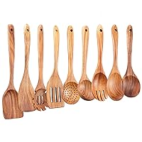 Wooden Kitchen Utensils Set,GUDAMAYE 9 PCE Natural Teak Wooden Spoons For Non-stick Pan for Cooking,