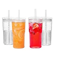 Glass Cups With Lids and Glass Straws，20 OZ 4pcs High Borosilicate Glass Tumbler Iced Coffee Water Smoothie