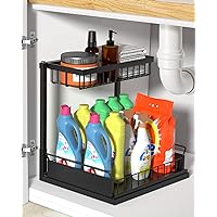 Under Sink Organizer,Metal Pull Out Kitchen Cabinet Organizer with Sliding Drawer,Sturdy Multi-Functional for Bathroom Organization,Black