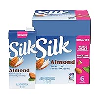 Silk Shelf-Stable Almond Milk, Unsweetened, Dairy-Free, Vegan, Non-GMO Project Verified, 1 Quart (Pack of 6)